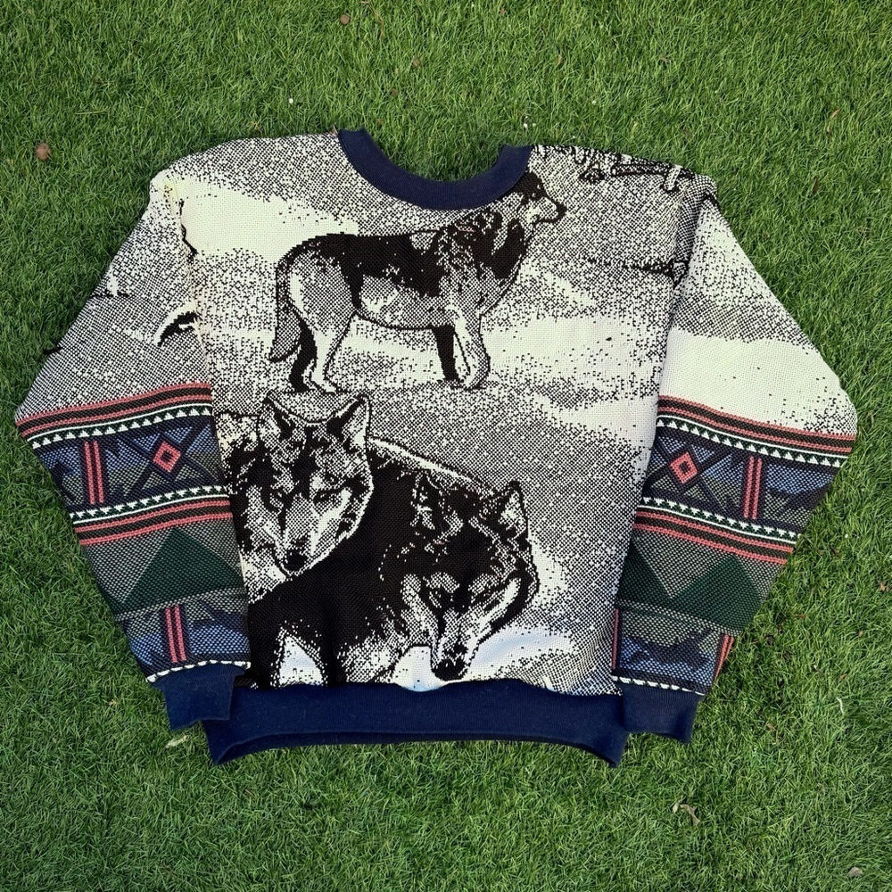 Vintage Wolf 90s Tapestry Crewneck Sweatshirt Snow Winter Nature Pullover AOP M